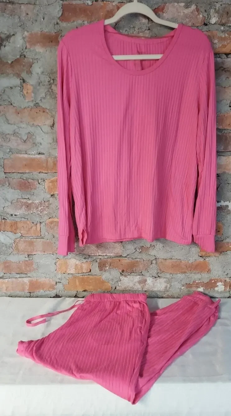 Womens Pink Ribbed Pajama Set L 12/14 Long Sleeve Sleepwear Lounge